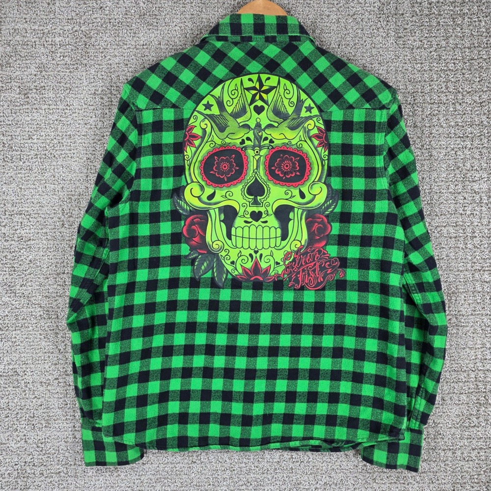 Iron Fist Mens Green Black Buffalo Plaid Skull Flannel Shirt Medium Pearl Snap